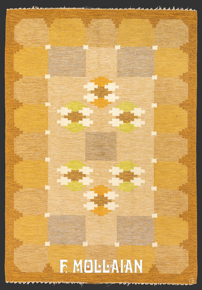 Signed «I S» Flat woven gold color Swedish Rolakan kilim n°:887936